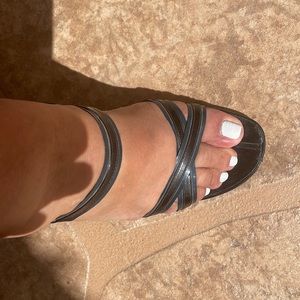 YSL heels, 8.5. All straps have navy paten with black paten strip over it.